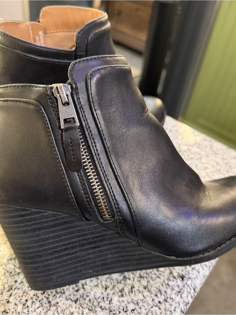 Time and Tru Black Leather Wedge Ankle Boots with Side Zip